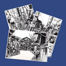 Load image into Gallery viewer, Fabriano textured fine card prints featuring intricate black and white alleyway illustrations.
