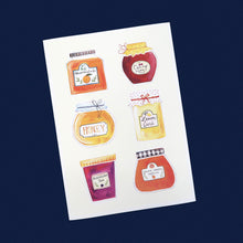 Load image into Gallery viewer, Fabriano textured fine card prints featuring illustrated jars of honey, lemon curd, marmalade, and more.