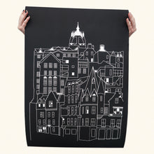 Load image into Gallery viewer, Fine art giclée prints 240gsm cotton rag showing a detailed black and white architectural illustration of buildings.