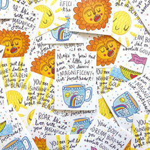Load image into Gallery viewer, Colorful A6 postcards with positive messages and illustrations featuring flowers, clouds, and cups.