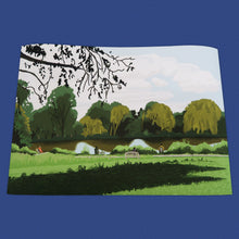 Load image into Gallery viewer, Fine art giclée prints 240gsm cotton rag featuring a landscape scene of green trees and a serene lake.