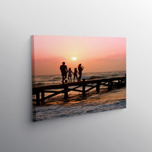 Load image into Gallery viewer, Canvas Printing of a family walking on a pier at sunset, evoking cherished memories and joyful moments.