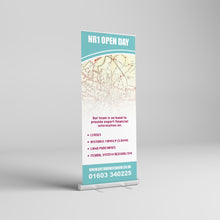 Load image into Gallery viewer, Roll-up Banners displaying NR1 Open Day information and financial services expertise.