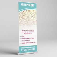 Load image into Gallery viewer, Roll-up Banners displaying information for NR1 Open Day with expert financial claims and services.